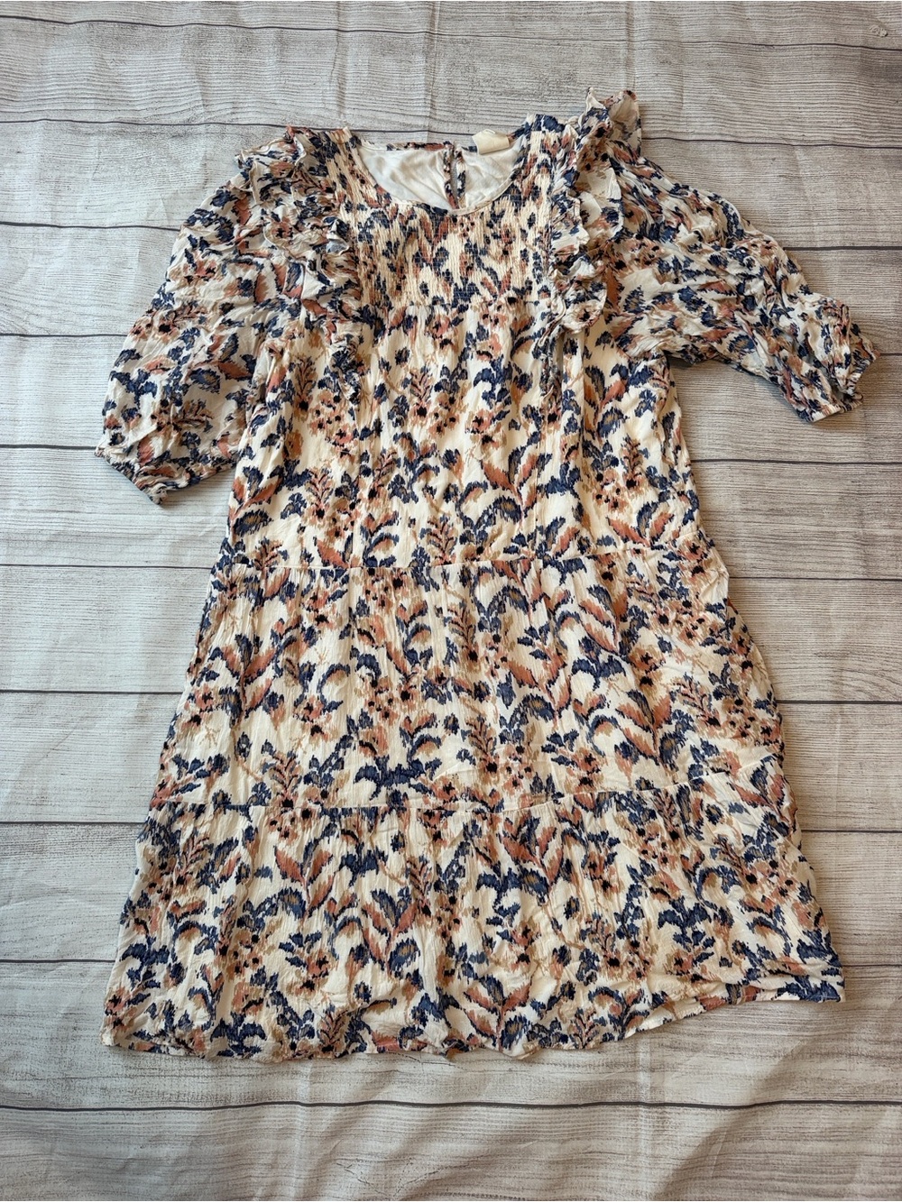 Floral Tiered Mini Dress in Cream, Navy & Tan